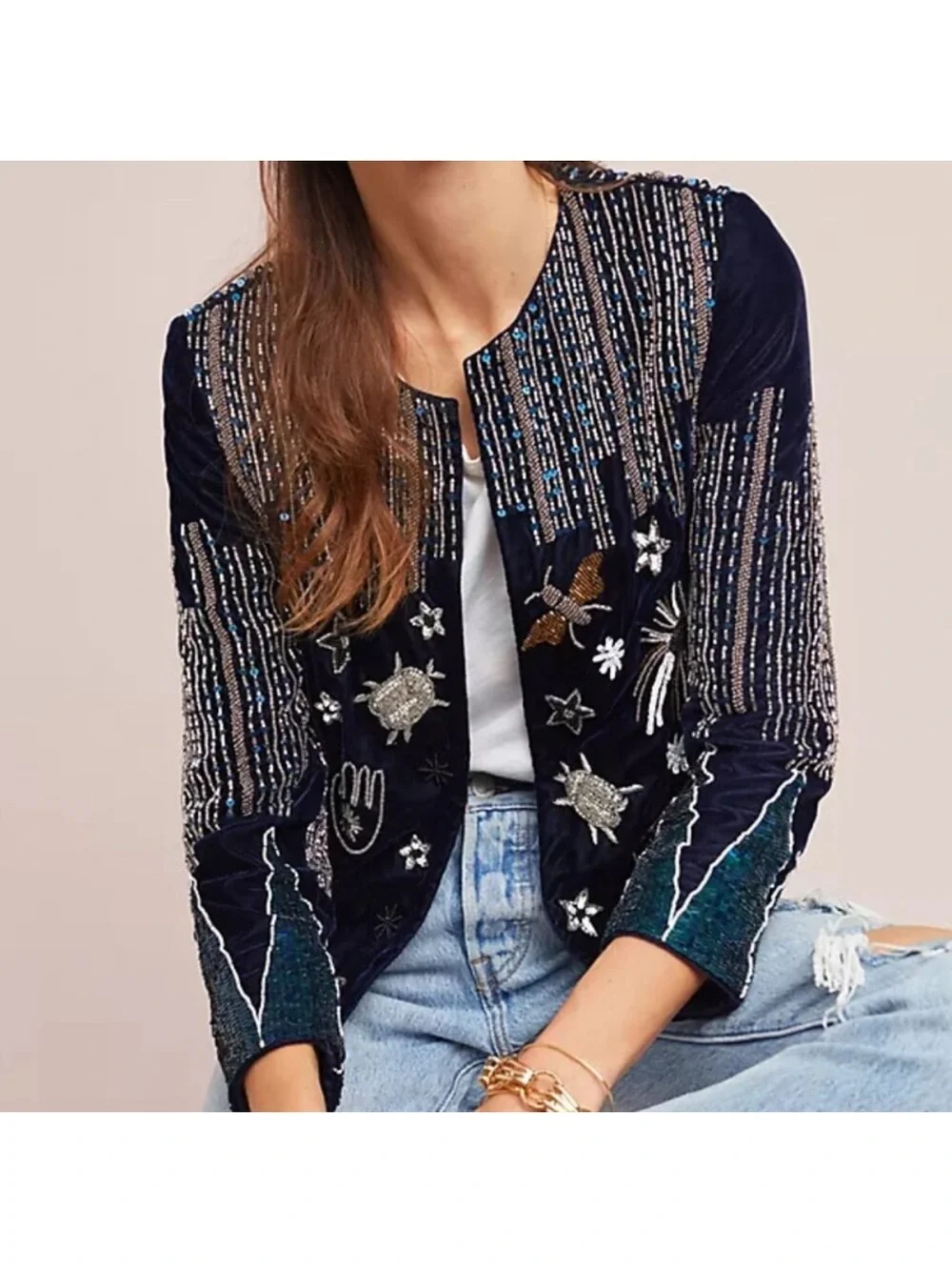Vilagallo Anthropologie Navy Velvet Beaded Sequin Embellished Jacket Blazer US 6
